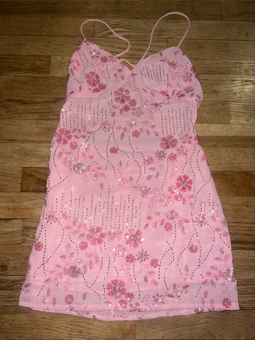 Womens Sparkling Pink Sequin Floral Slip Dress